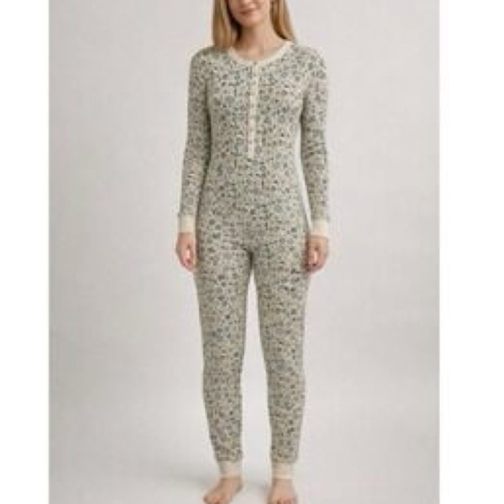 American Eagle Waffle Henley Snowflake Thermal One Piece Long Johns Pajamas Sm